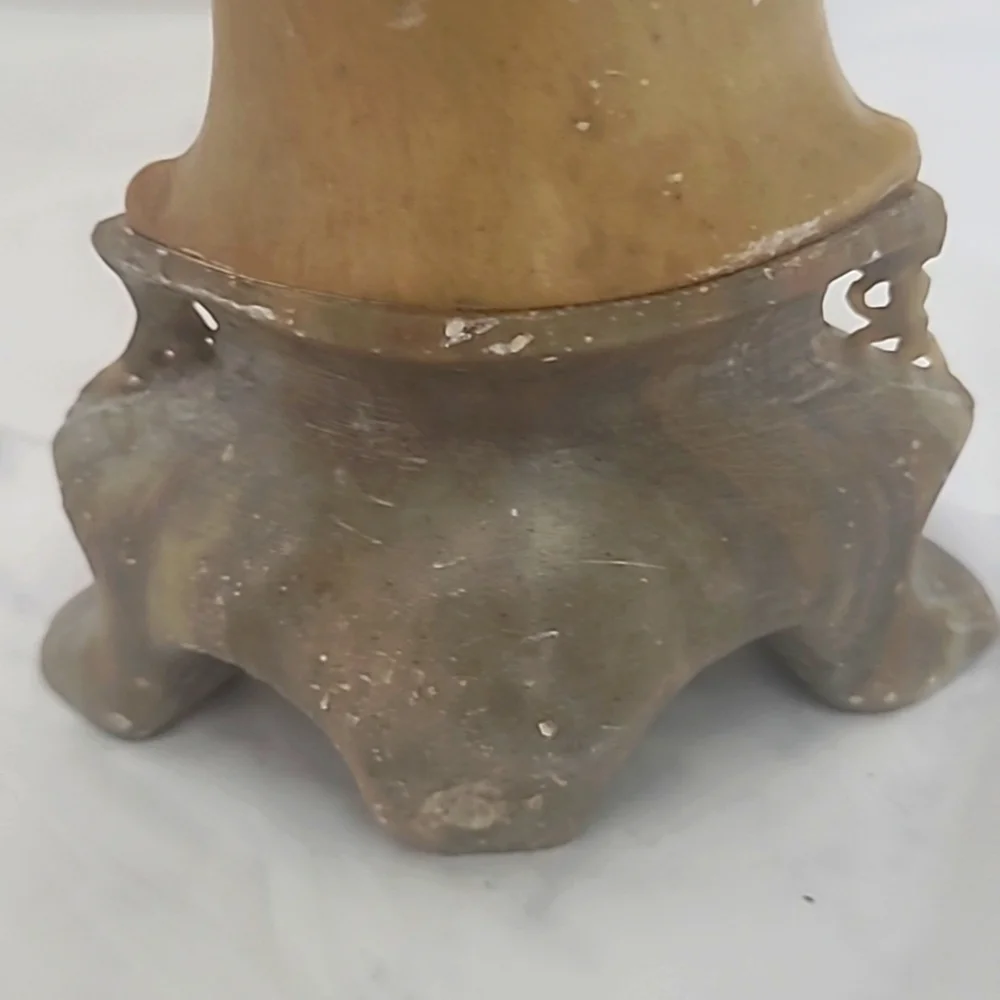 Bud Vase Chinese Carved Soap Stone Rose Floral Design Pedestal Tan brown Vintage